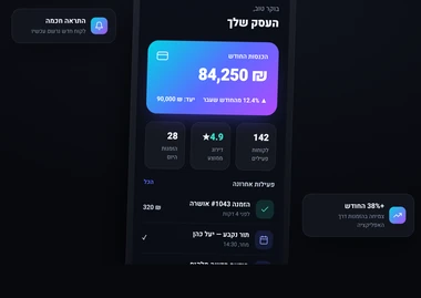 אפליקציה לנייד עם לוח בקרה לעסק - הכנסות, לקוחות והזמנות